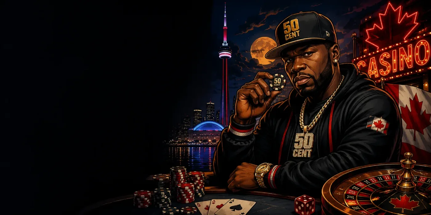 An illustrated rapper in a 50 Cent cap and diamond chain holding a casino chip at a table with chips, cards and a roulette wheel, with the CN Tower skyline, a neon maple leaf casino sign and a Canadian flag at night